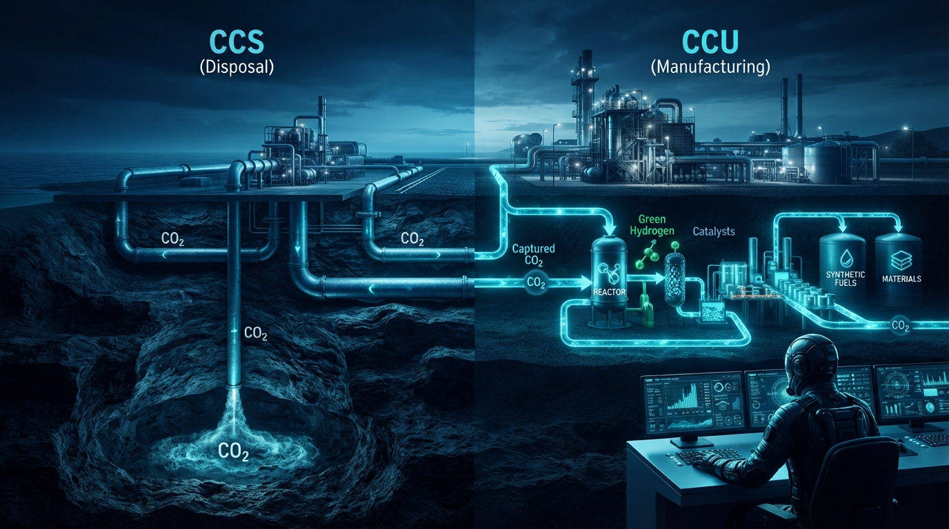 Editorial illustration for CCS vs. CCU: Disposal or Manufacturing? How to Tell Two Carbon Capture Strategies Apart