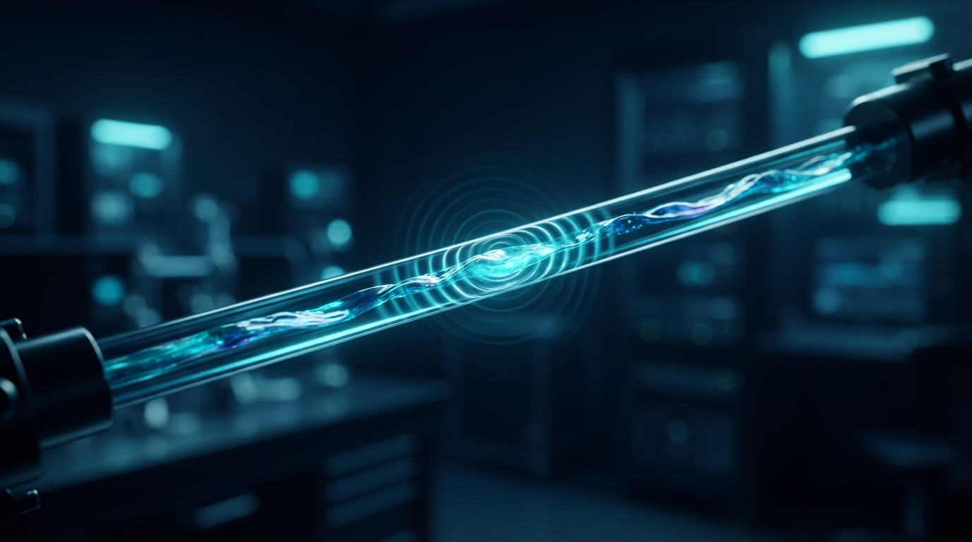 A microscopic view of an optical fiber with a frozen liquid core, demonstrating advanced light and sound manipulation capabilities.